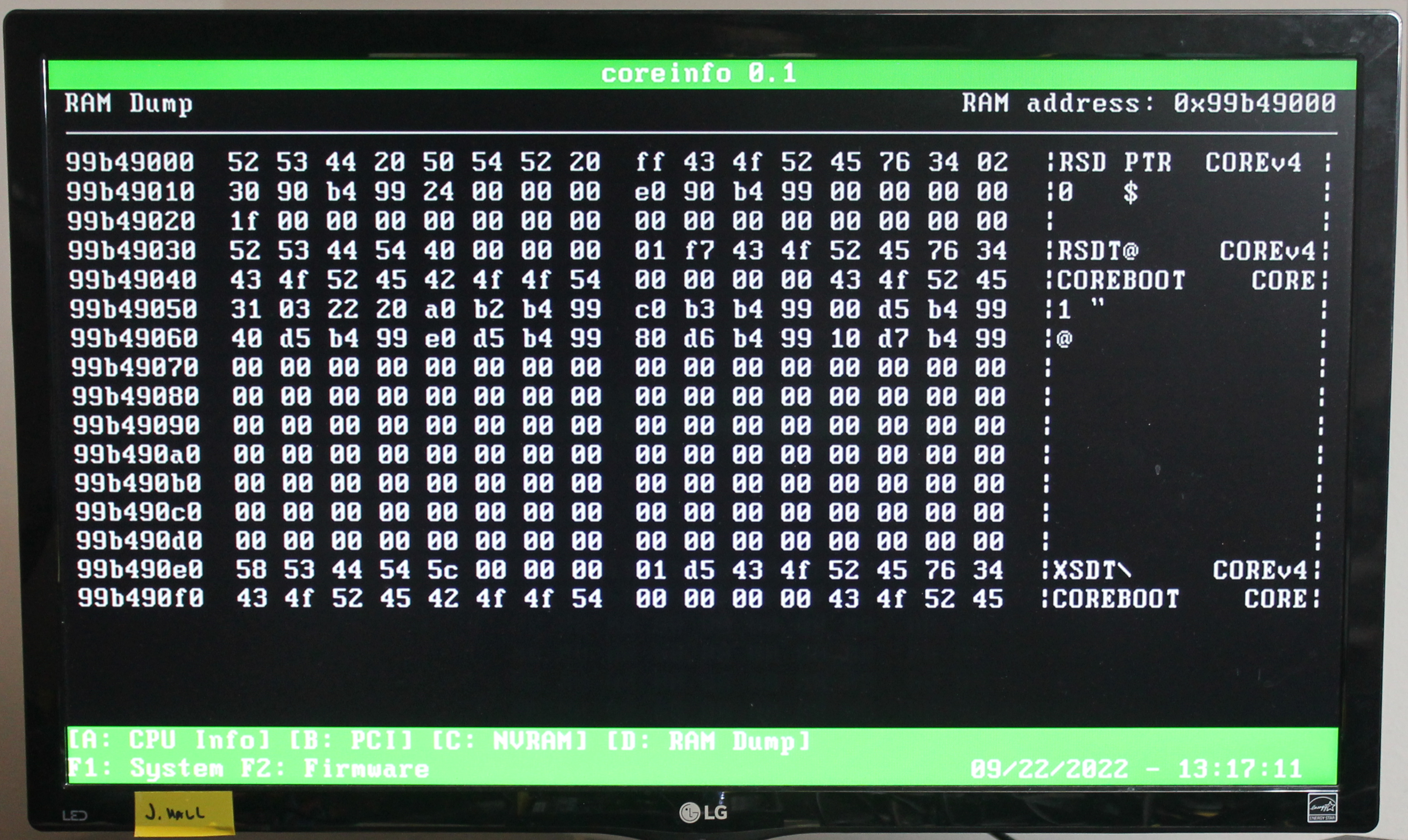 Coreinfo showing address 99b49000 with ACPI signature, "RSD PTR "