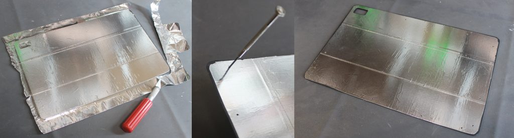 Photos - Librem 11 back with foil being trimmed by hobby knife, screw hole being opened with small screwdriver, finished back