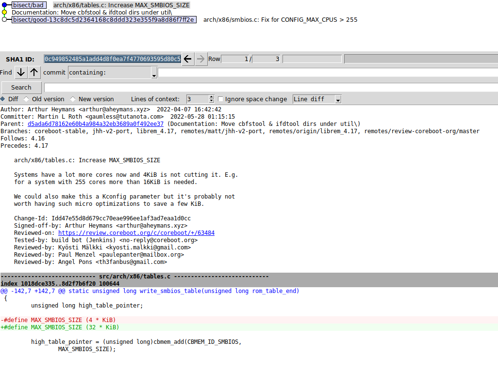 git bisect displaying coreboot commit 0c949852, increasing SMBIOS allocation from 4 KB to 32 KB